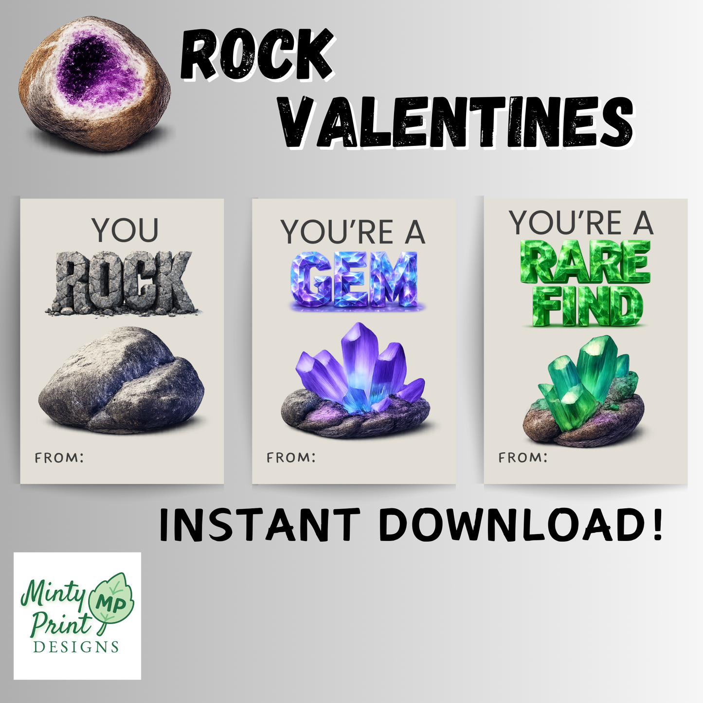 Printable “You Rock” Valentine card with stone rock text and realistic rock illustration, boys classroom Valentine printable