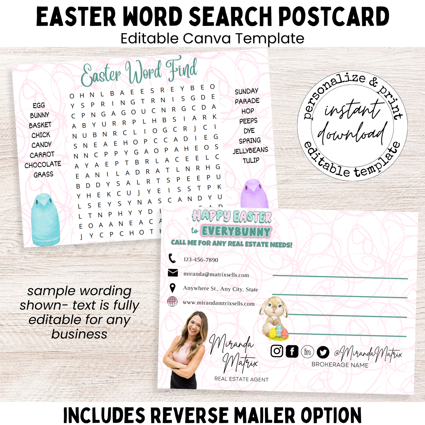 Easter word search postcard editable Canva template front and back