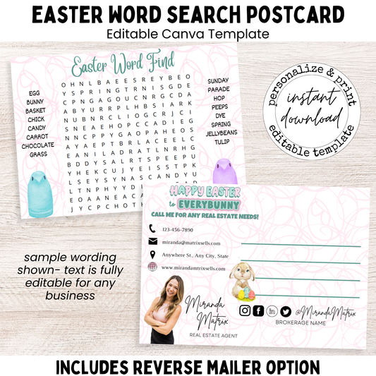 Easter word search postcard editable Canva template front and back