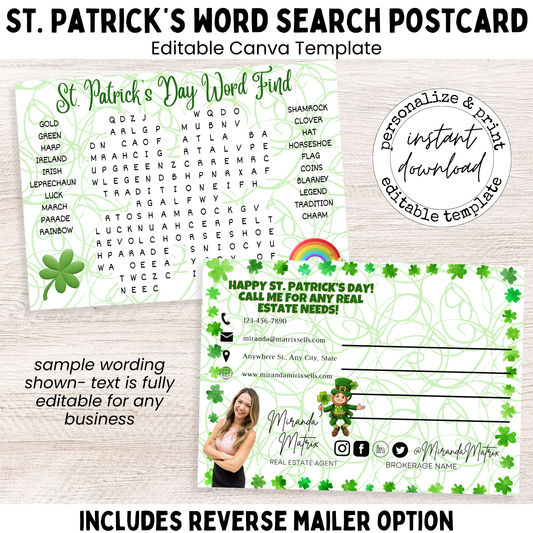 St. Patrick’s Day word search postcard editable Canva template front and back