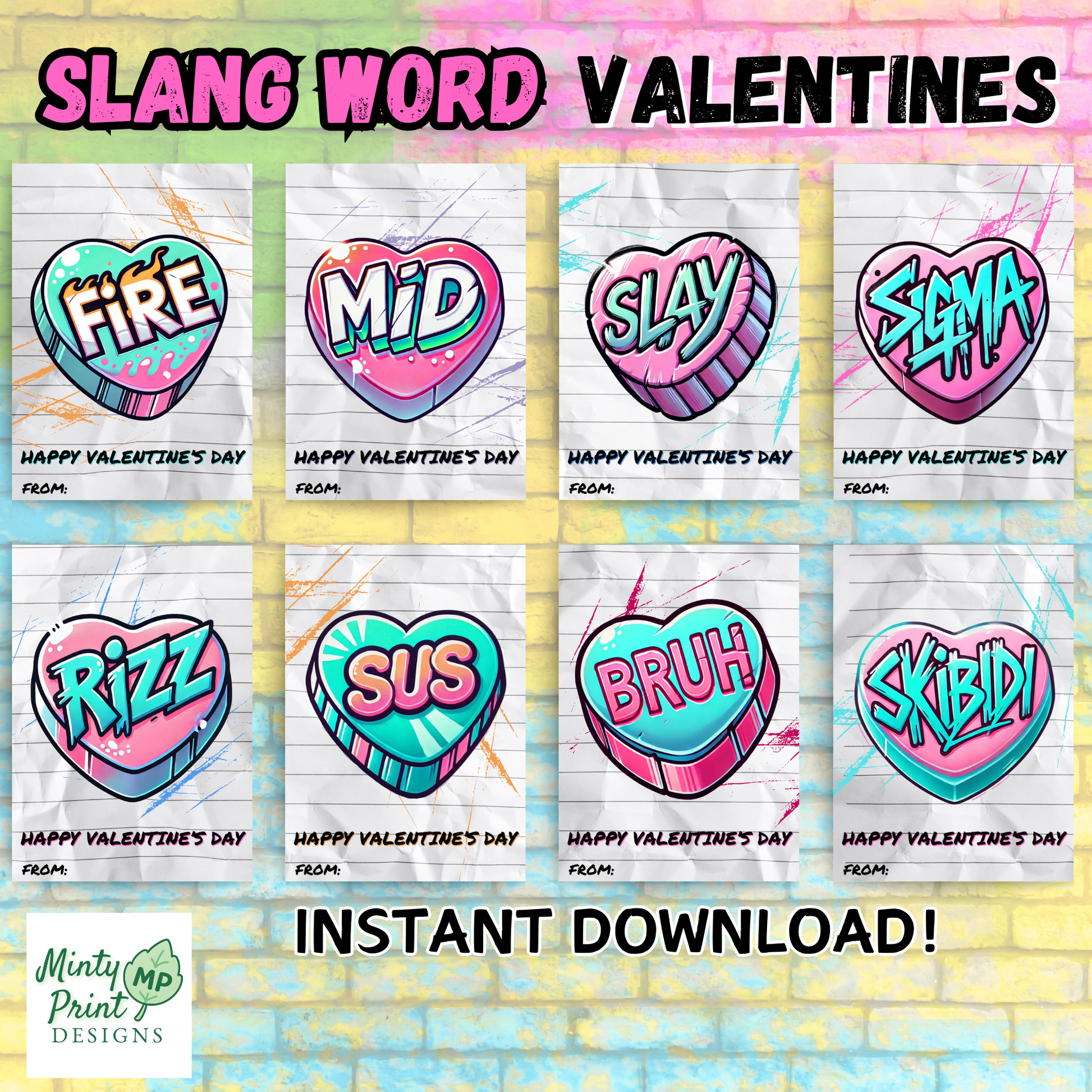 Printable pink Valentine cards featuring trendy girl slang words, perfect for classroom exchanges