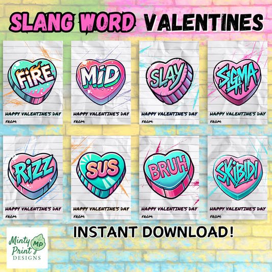 Printable pink Valentine cards featuring trendy girl slang words, perfect for classroom exchanges