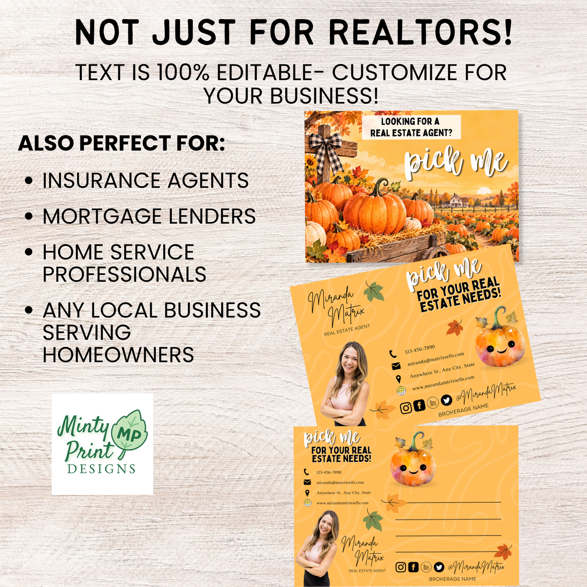 Editable Canva real estate postcard with cute pumpkin illustration and realtor contact details