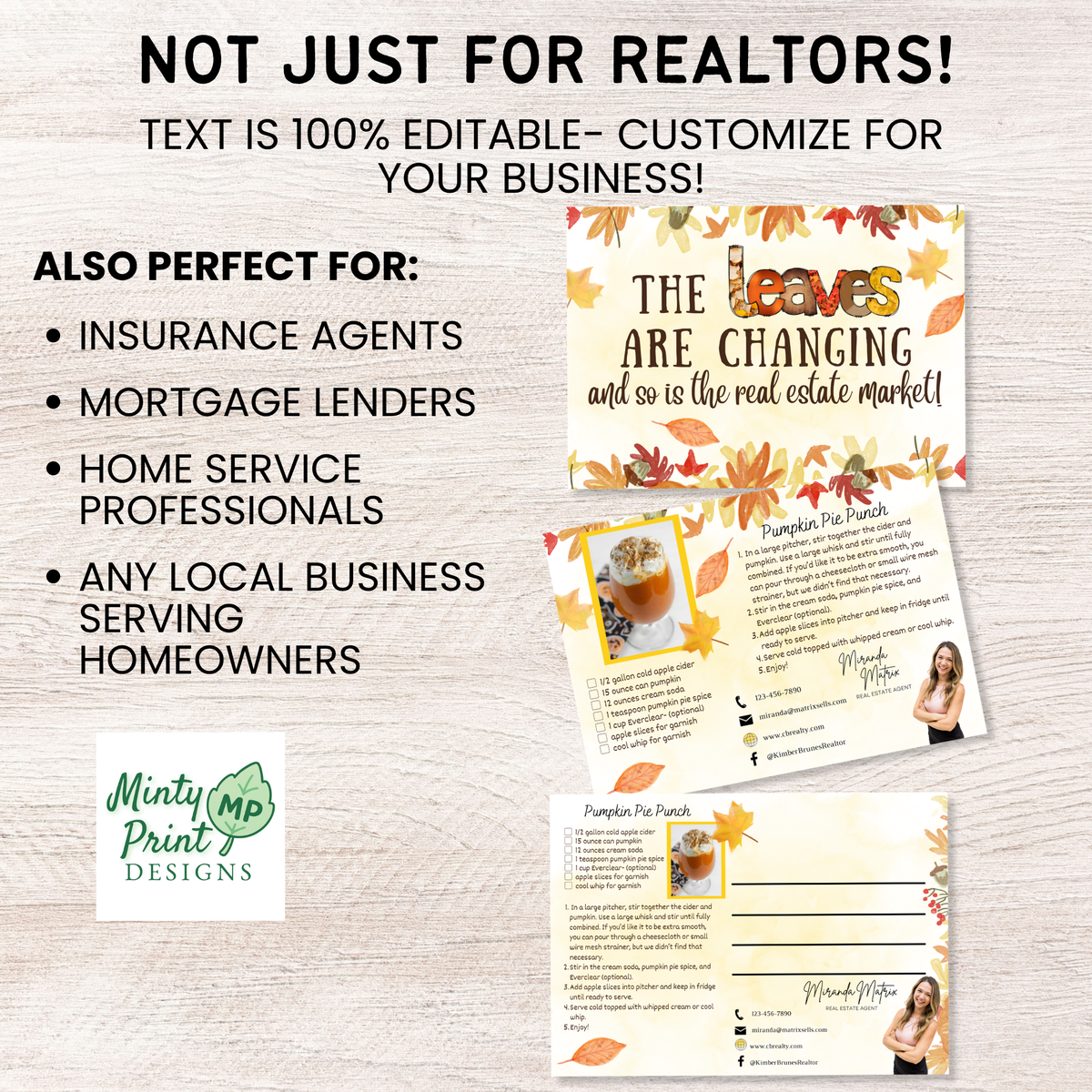 Editable Canva fall realtor postcard with seasonal drink recipe, agent photo and mailing lines