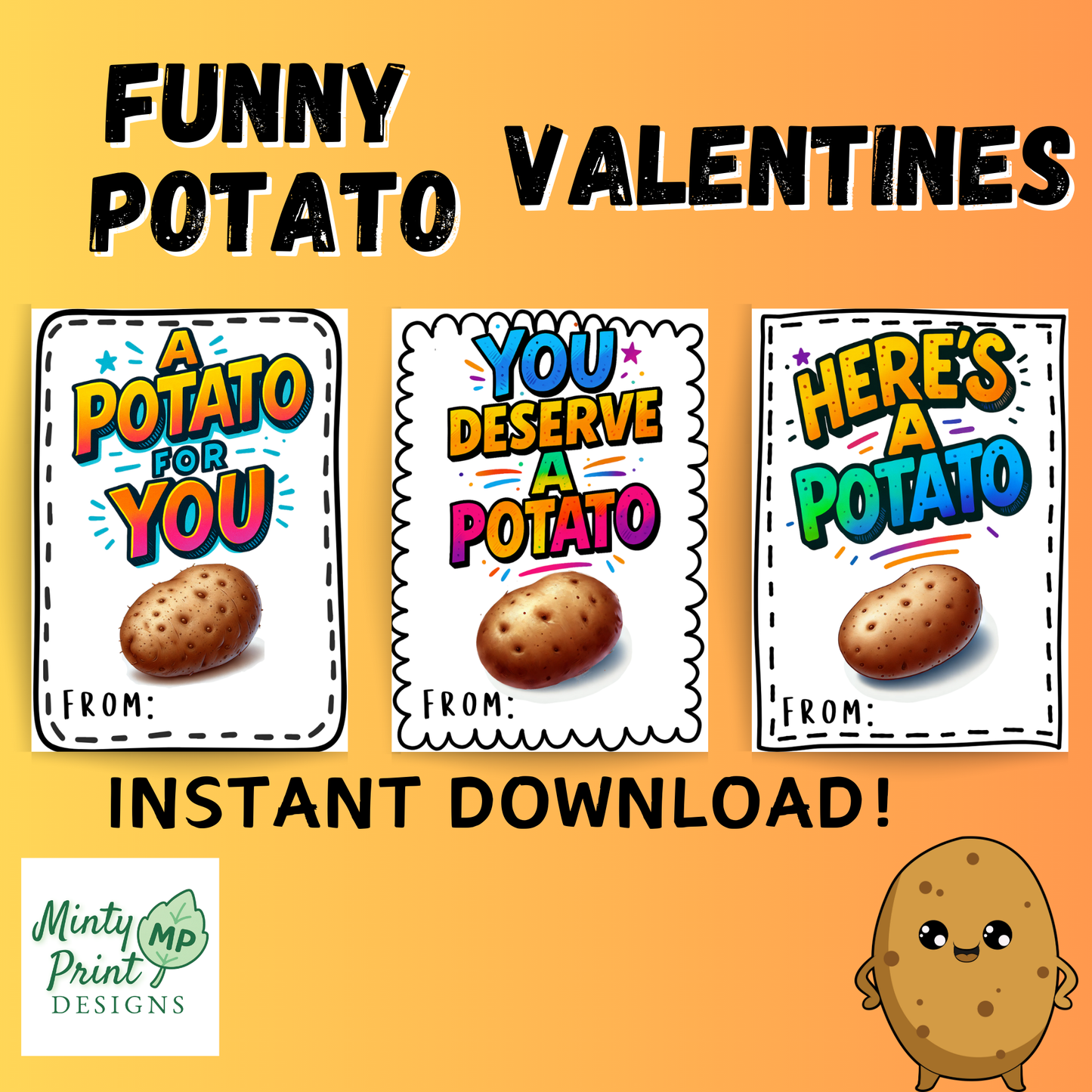 Colorful printable valentine card with neon text reading A Potato For You and a realistic potato illustration on a white background.