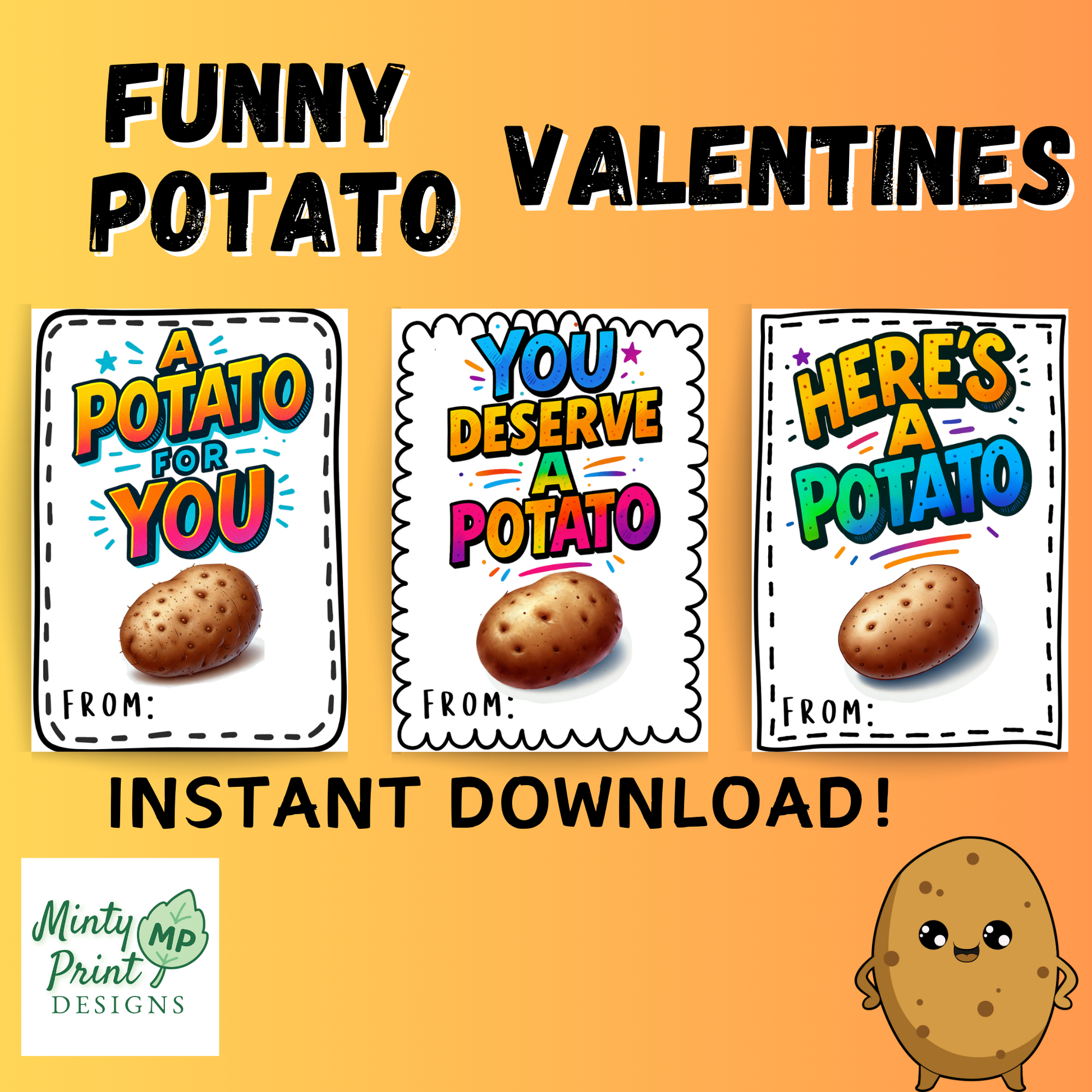 Colorful printable valentine card with neon text reading A Potato For You and a realistic potato illustration on a white background.