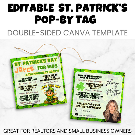 Editable St. Patrick’s Day pop-by tag Canva template showing both front and back designs, double-sided client appreciation marketing tag for realtors and small business owners.
