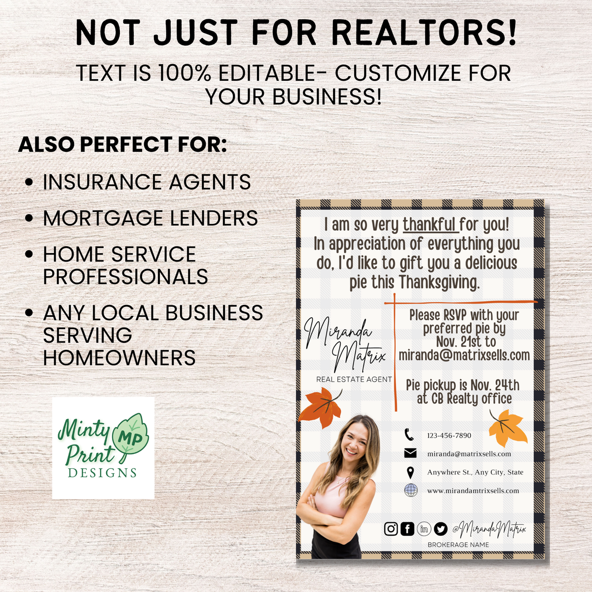 Thanksgiving real estate client appreciation mailer with pie pickup information and customizable agent branding