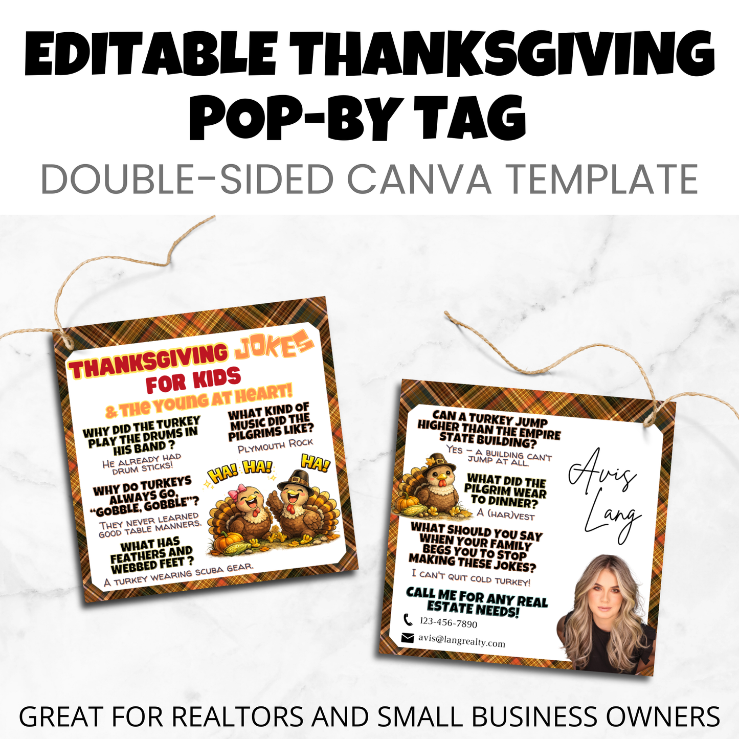 Editable Thanksgiving pop-by tag Canva template showing both front and back designs, double-sided client appreciation marketing tag for realtors and small business owners.