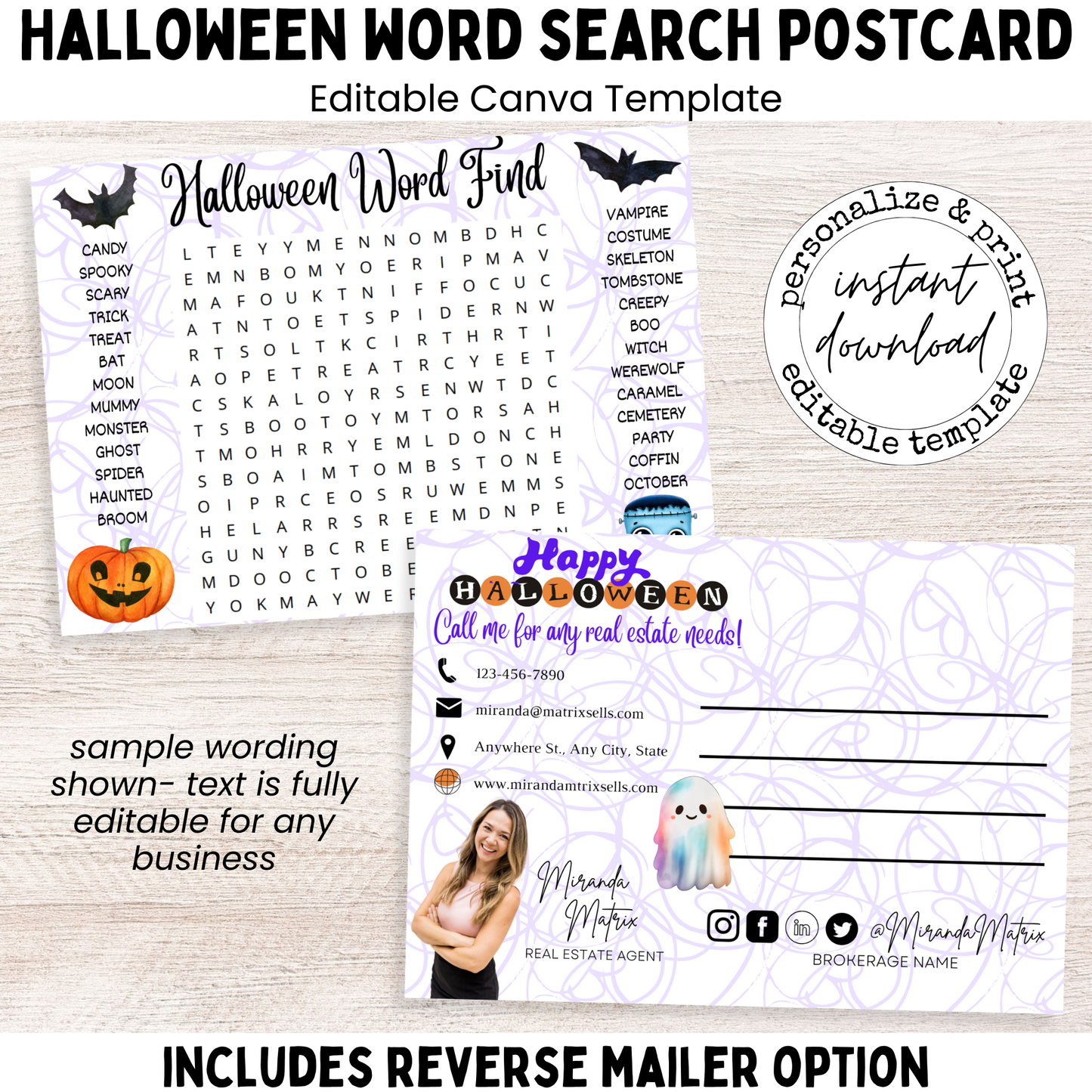 Halloween word search postcard editable Canva template front and back