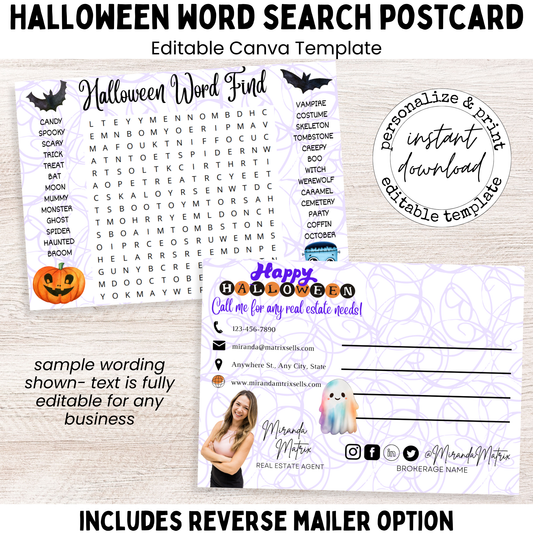 Halloween word search postcard editable Canva template front and back