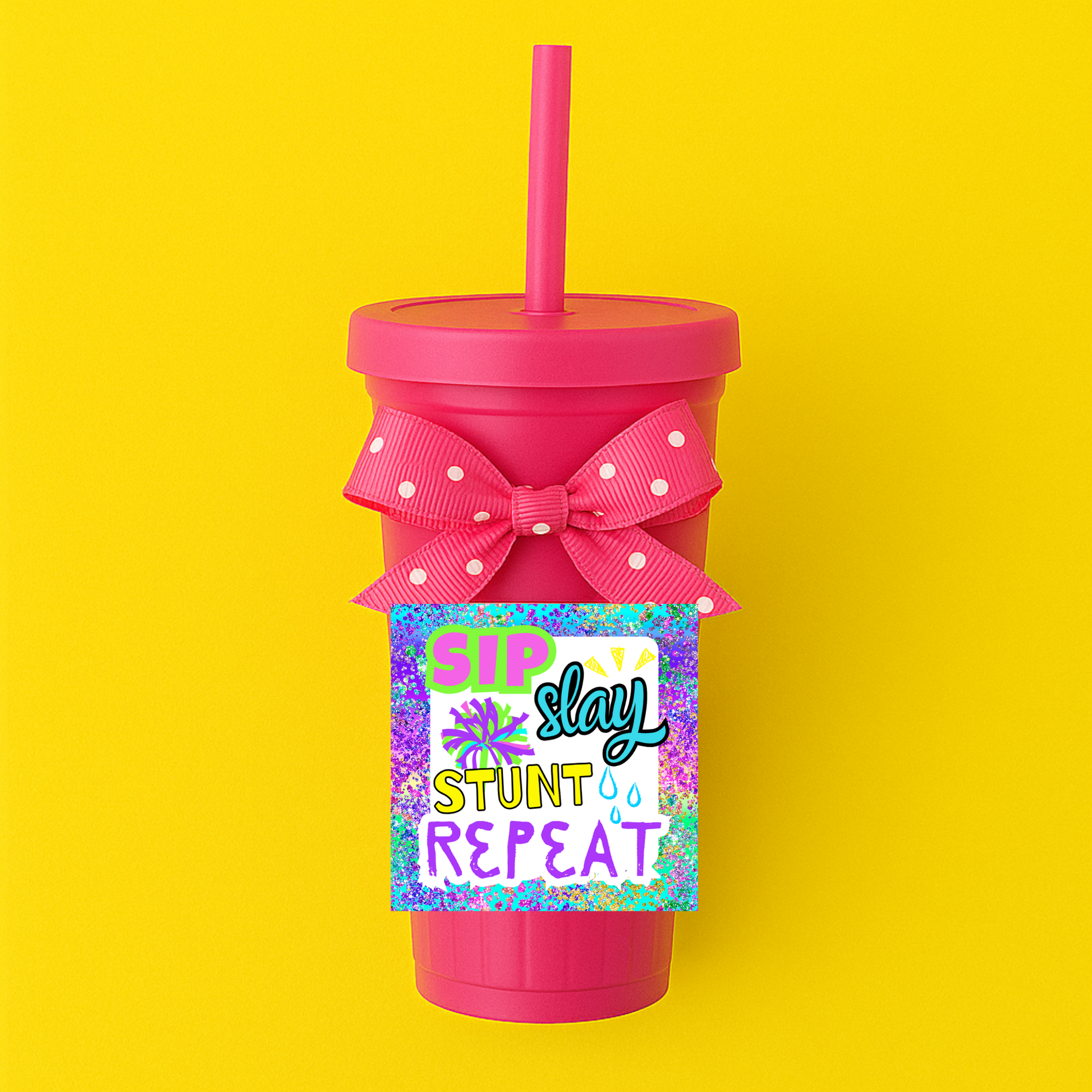 Trendy cheer gift tag design with bold lettering and vibrant colors made for cheerleading gifts.