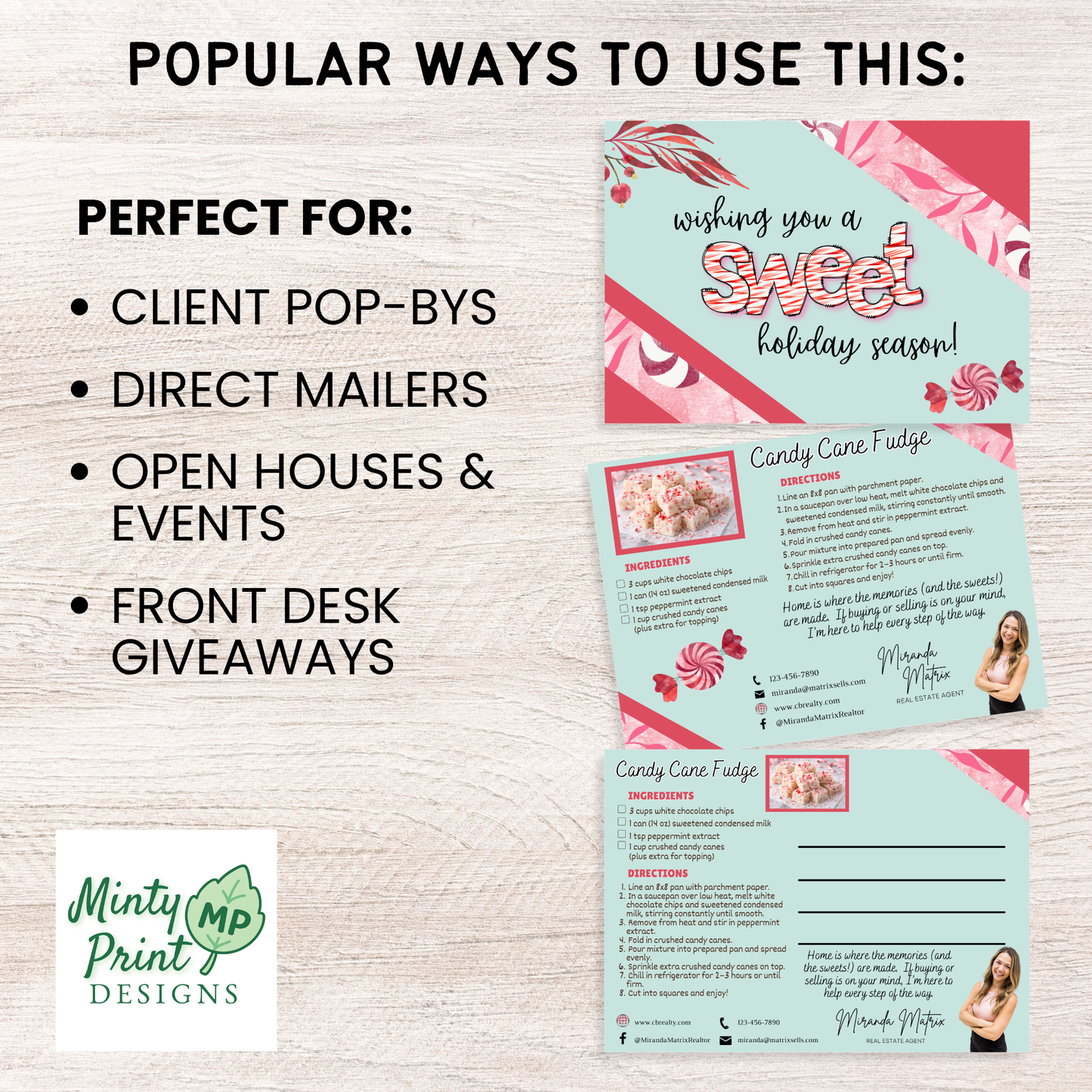 Festive Christmas postcard template for realtors with peppermint fudge recipe