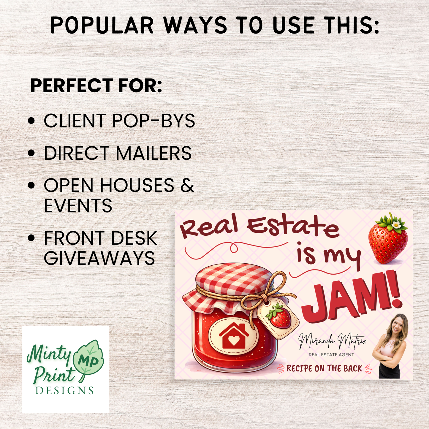 Real Estate is My Jam realtor postcard template with strawberry jam jar illustration and customizable agent branding.