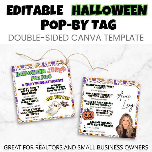 Editable Halloween pop-by tag Canva template showing both front and back designs, double-sided October client appreciation marketing tag.