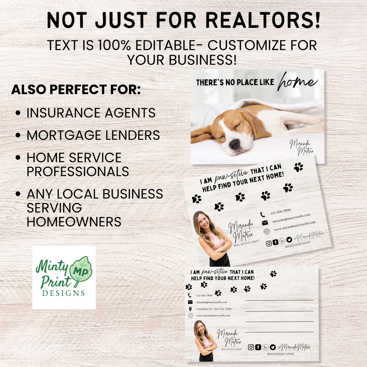 Editable Canva real estate postcard with dog photo, paw prints and realtor contact information