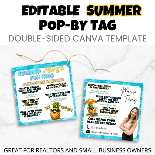 Editable summer pop-by tag Canva template showing both front and back designs, double-sided client appreciation marketing tag.