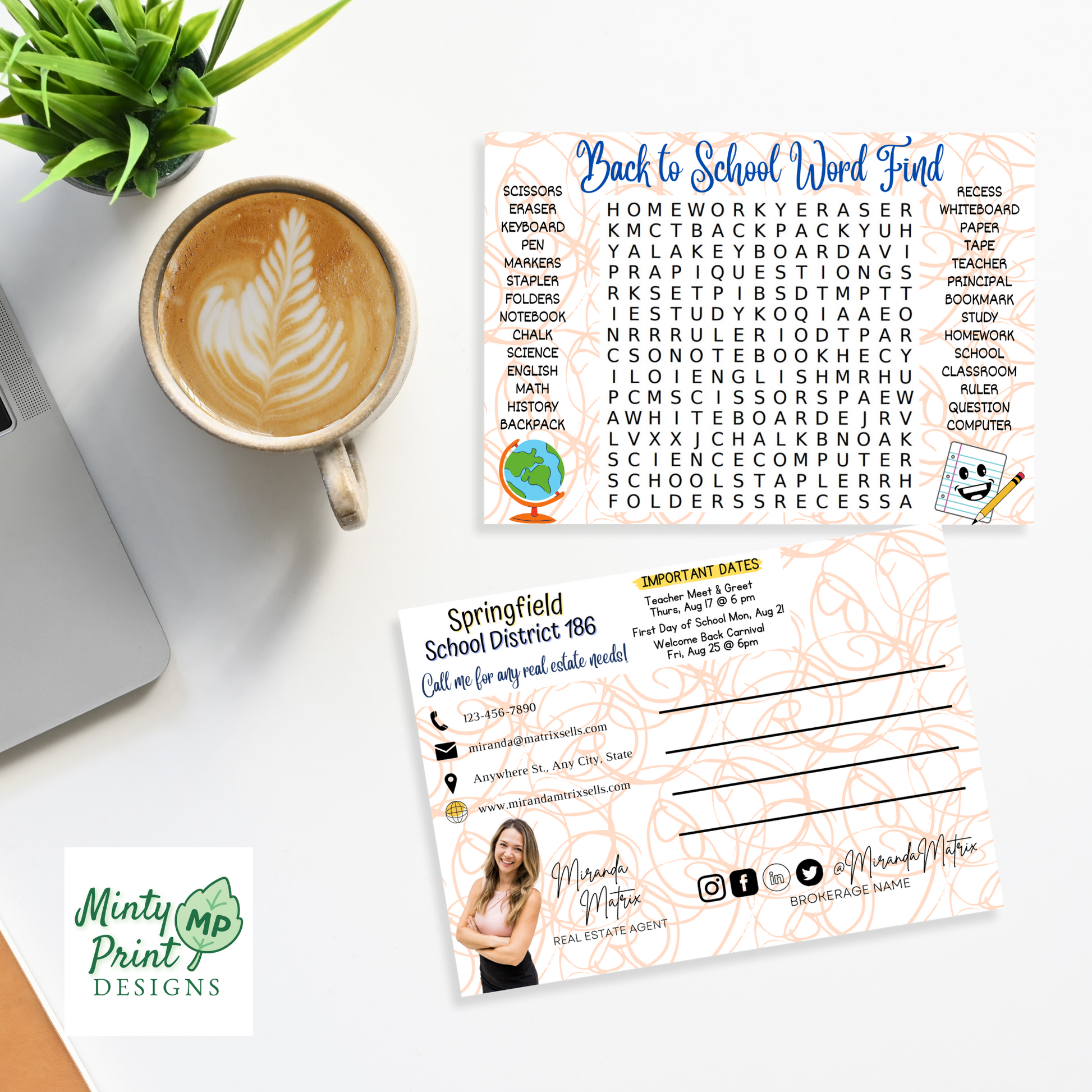 August back to school word search postcard with school district important dates editable Canva