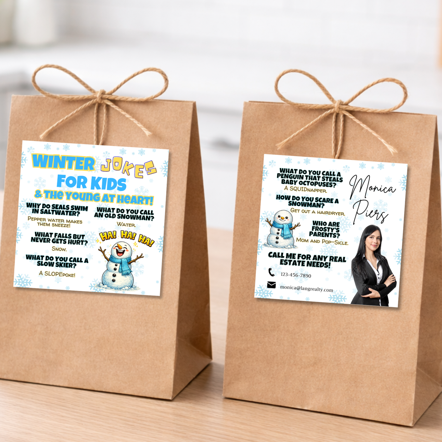 Winter pop-by tag attached to kraft gift bags on a kitchen counter, example of seasonal client appreciation packaging.