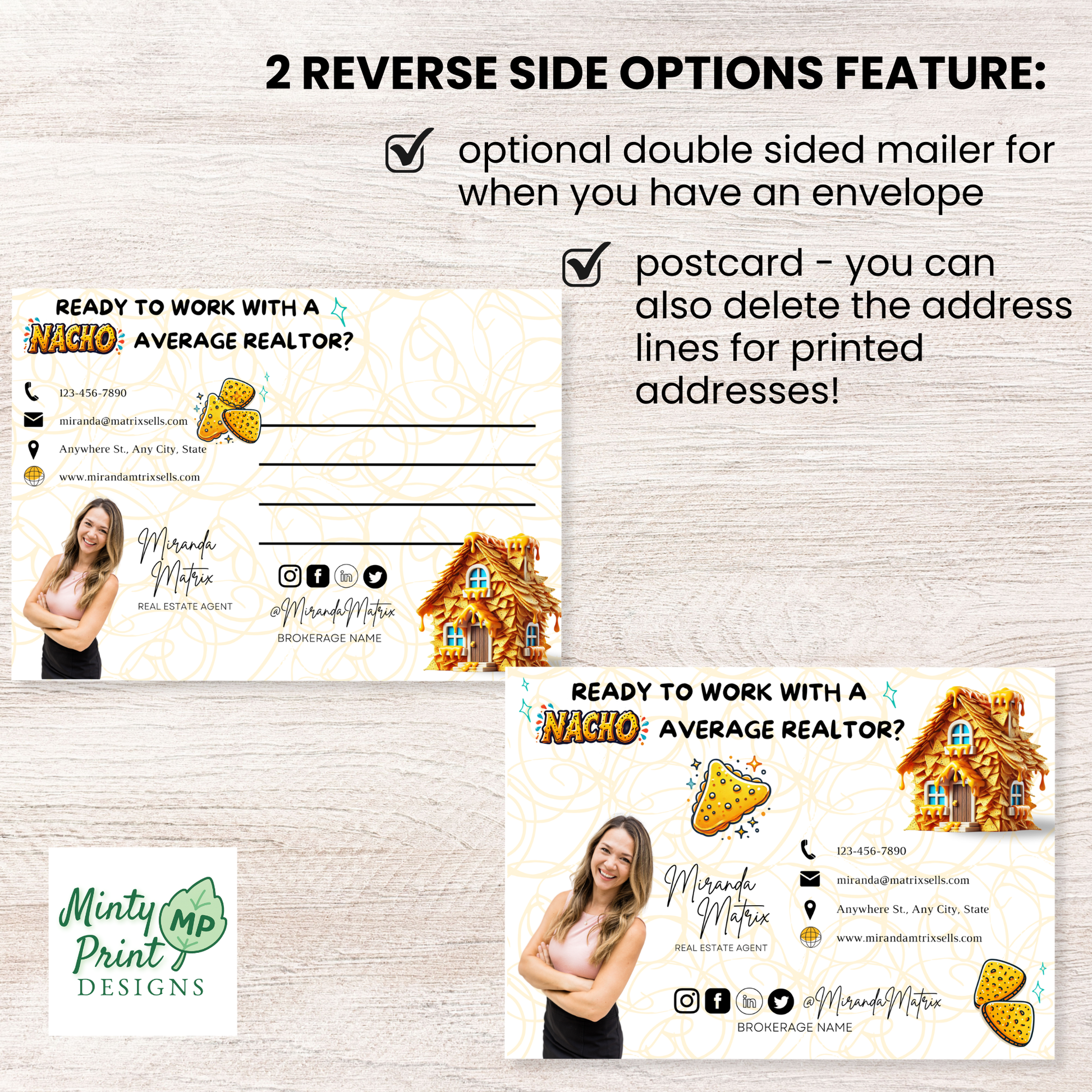 Father’s Day “Nacho Average Dad” postcard with taco theme and dad jokes for realtor client appreciation marketing.