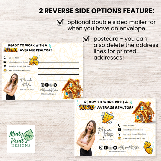 Father’s Day “Nacho Average Dad” postcard with taco theme and dad jokes for realtor client appreciation marketing.