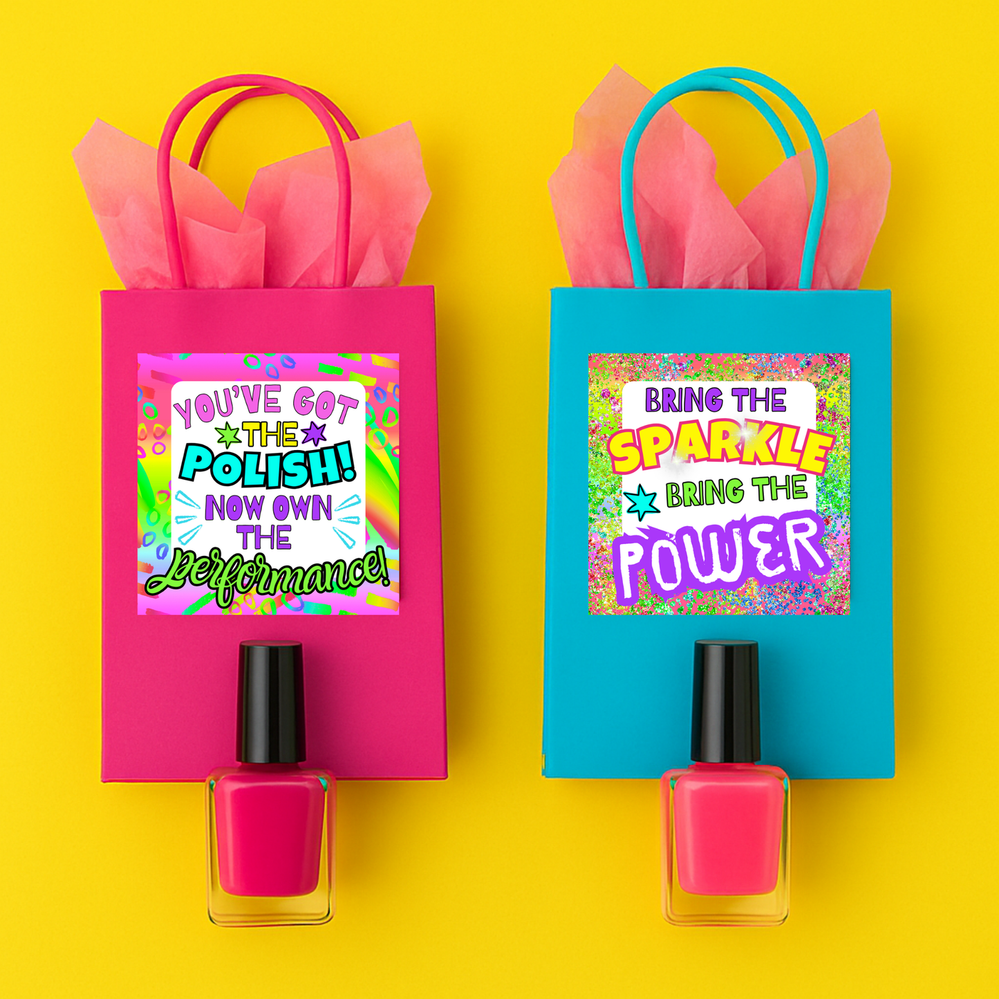 Close-up of 3x3 printable dance tags used for team gift bags and spirit week