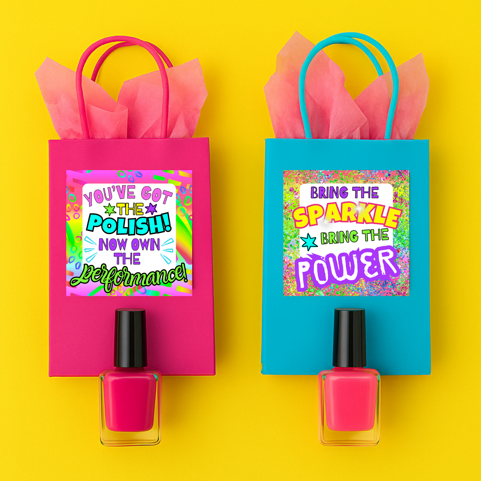 Close-up of 3x3 printable dance tags used for team gift bags and spirit week