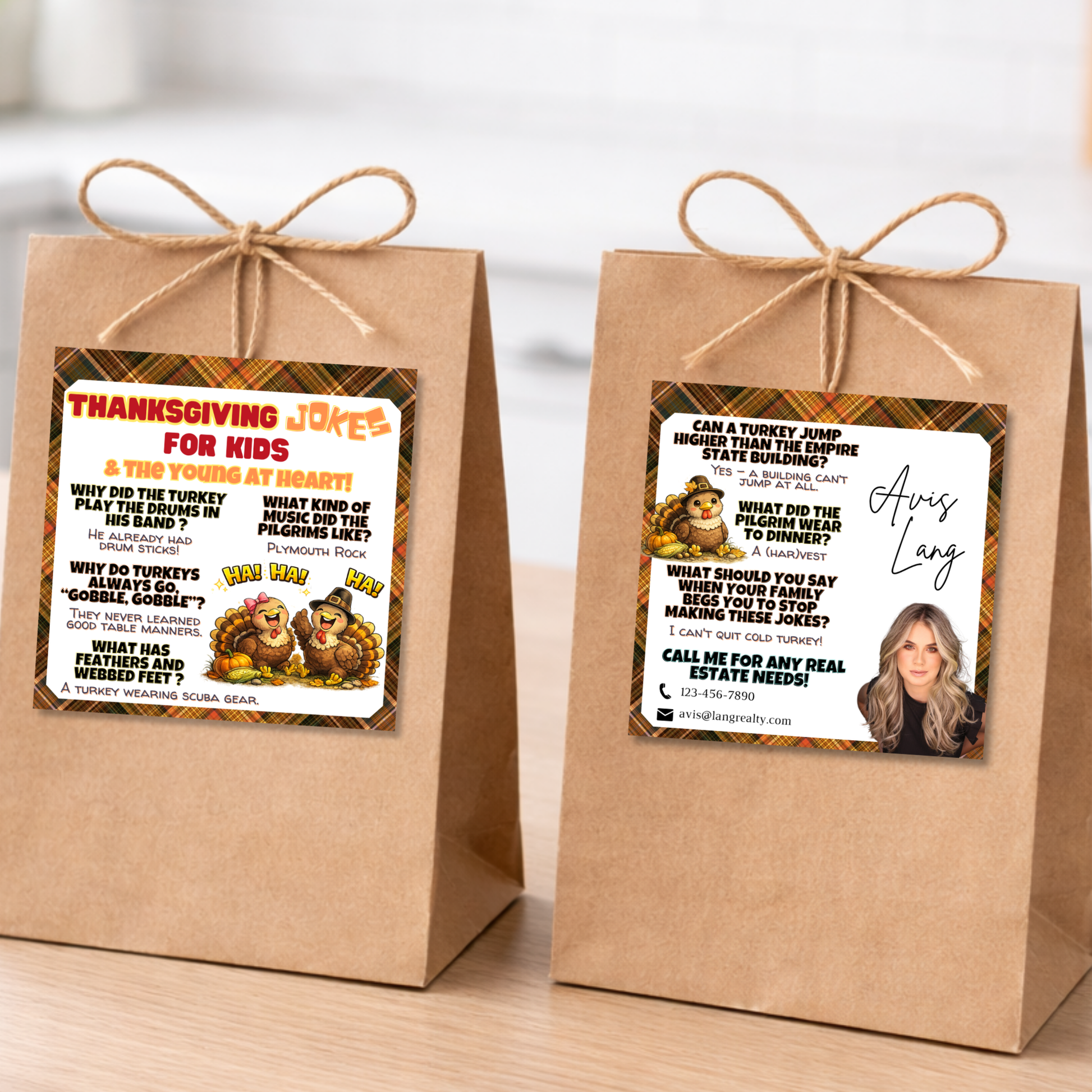 Thanksgiving pop-by tag attached to kraft gift bags on kitchen counter, example of client appreciation gift packaging.