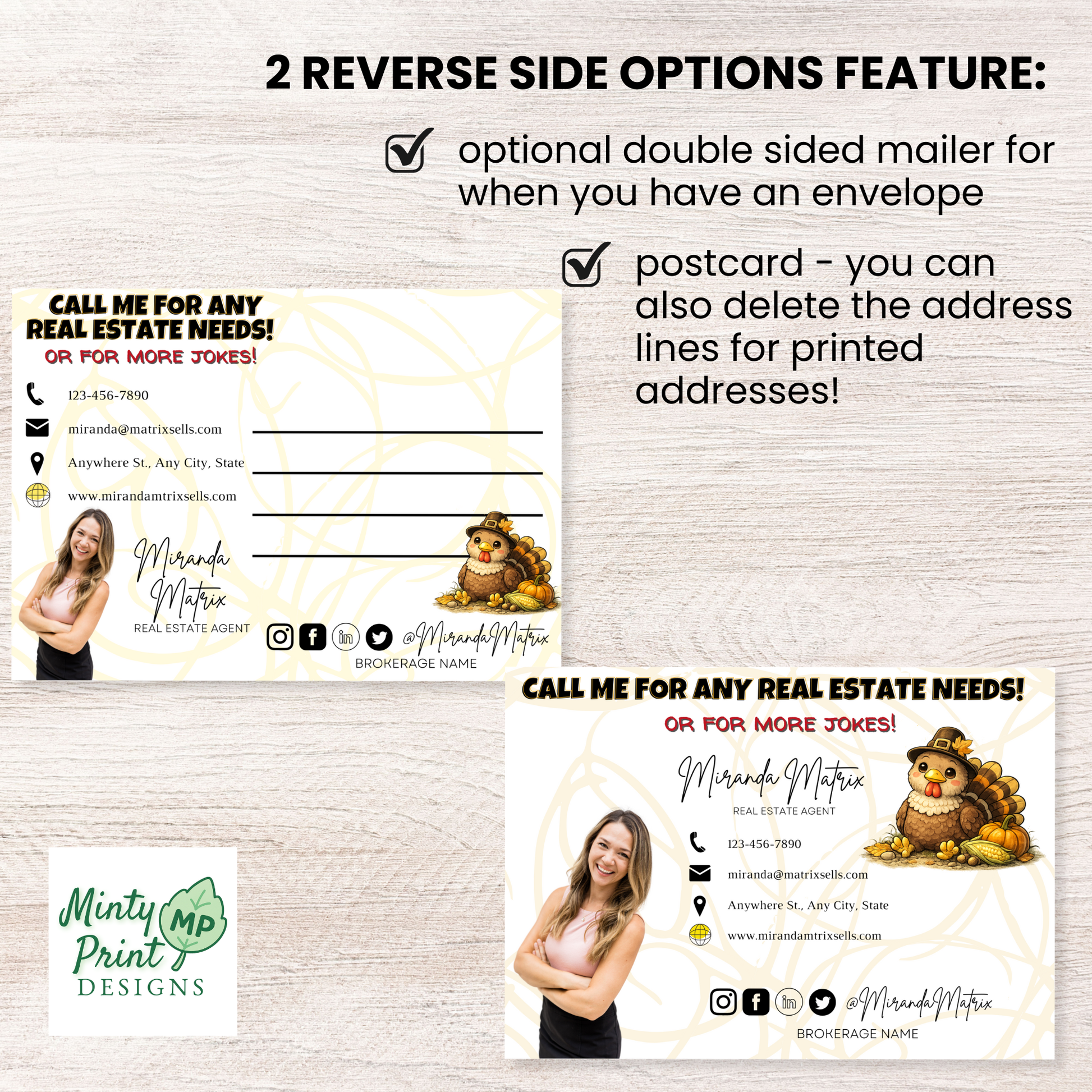 Thanksgiving themed realtor marketing postcard with humorous jokes and autumn design, Canva editable