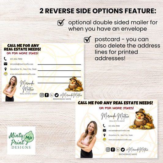 Thanksgiving themed realtor marketing postcard with humorous jokes and autumn design, Canva editable