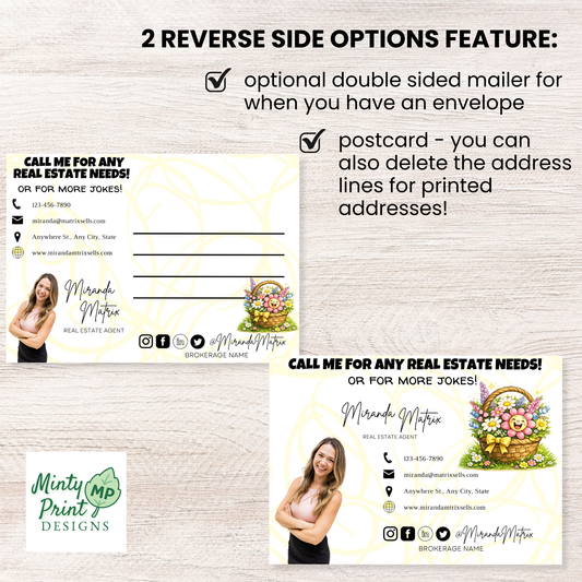 Spring joke postcard for realtors, April May marketing idea