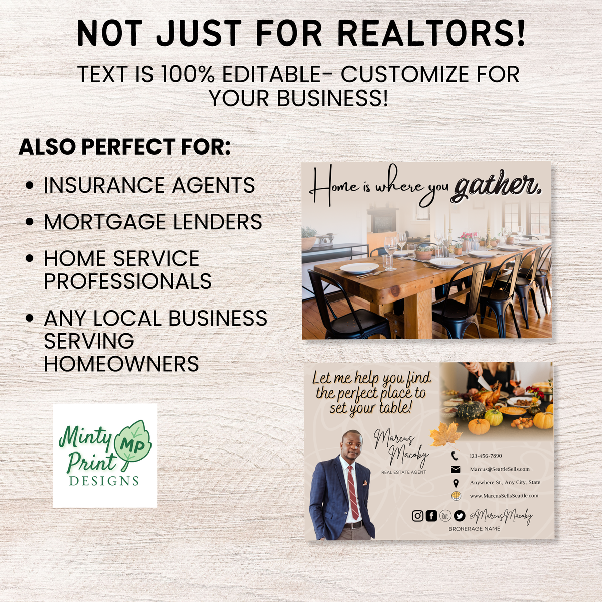 Thanksgiving real estate postcard with agent photo, contact information, fall dinner scene and home buying message
