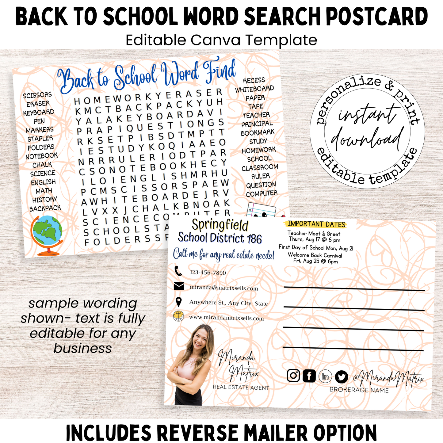 August back to school word search postcard with school district important dates editable Canva