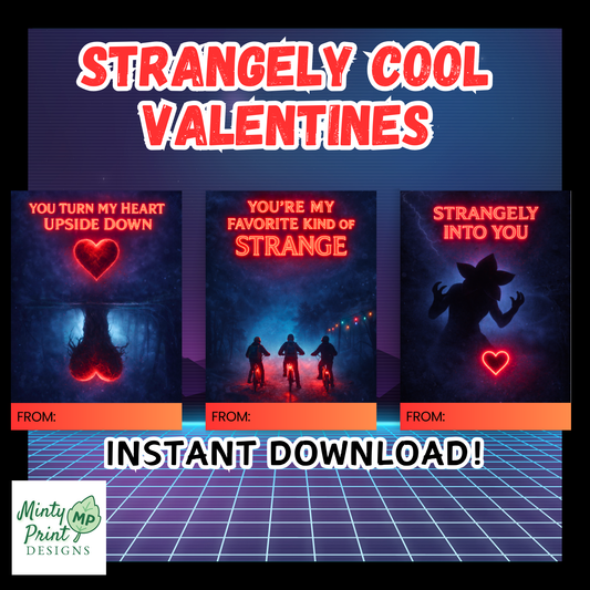 Strangely Cool Valentines printable set featuring three spooky sci-fi Valentine cards for older kids with neon red text and dark moody artwork