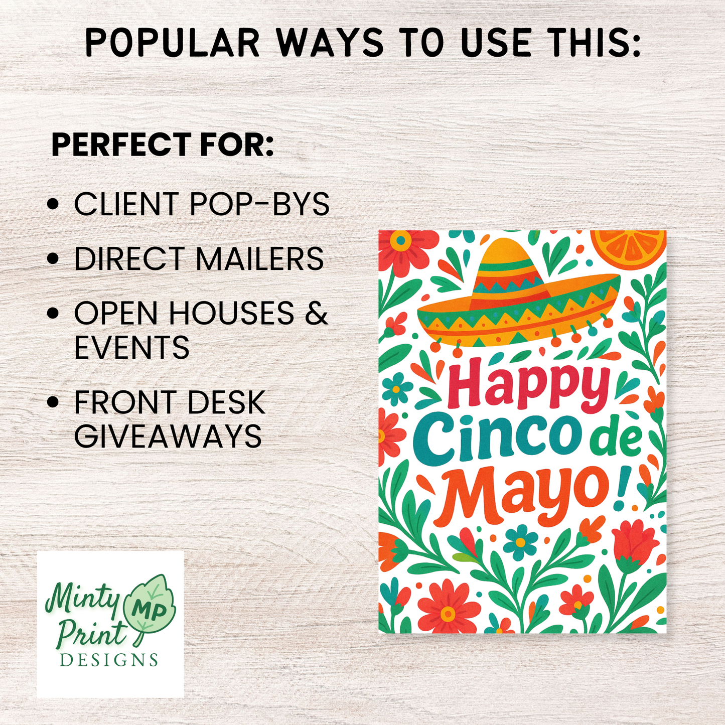 Cinco de Mayo marketing postcard template ideal for real estate client pop-bys, direct mail campaigns, open houses, and seasonal business promotions.