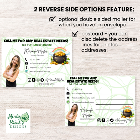 St. Patrick’s Day joke postcard for realtors, kid-friendly client marketing