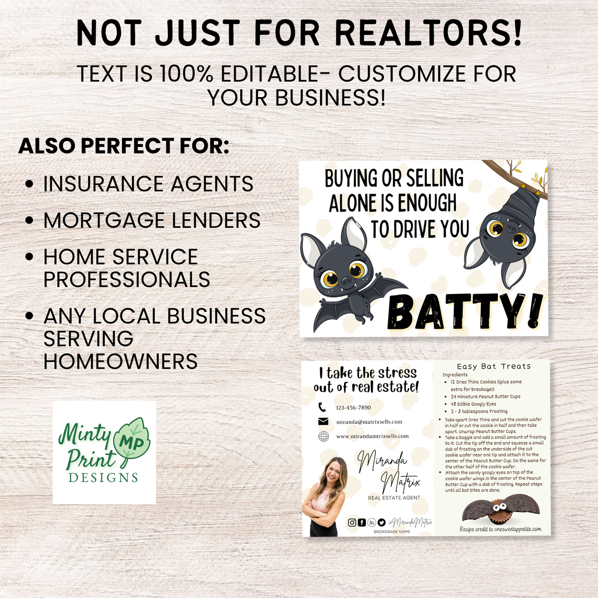 Halloween realtor postcard with cute cartoon bats and Buying or Selling Alone Is Enough to Drive You Batty real estate message
