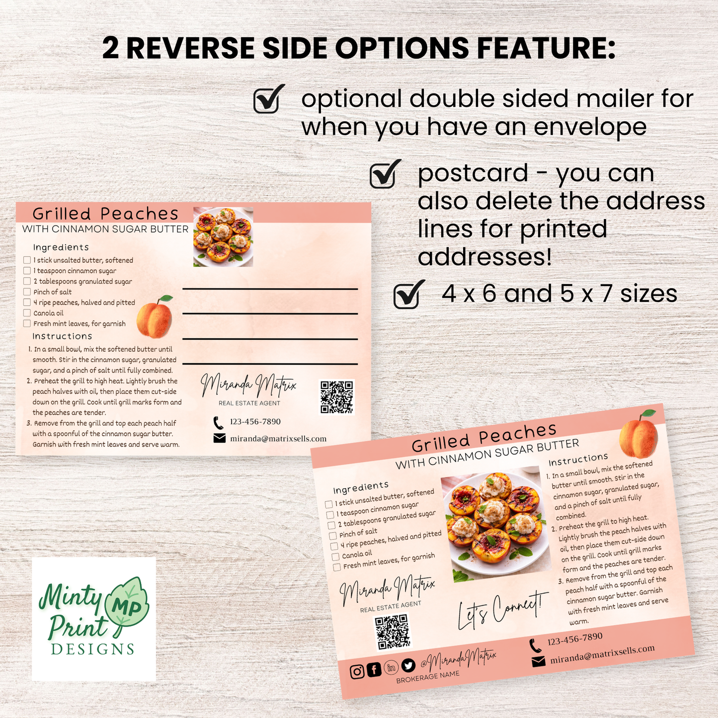 Editable August client mailer template with peach theme and recipe for realtors