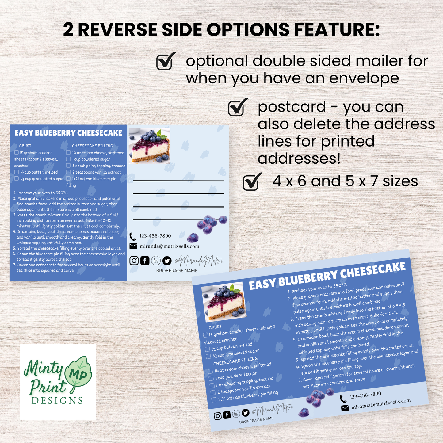 Editable spring recipe postcard template for real estate agents featuring blueberry cheesecake dessert.