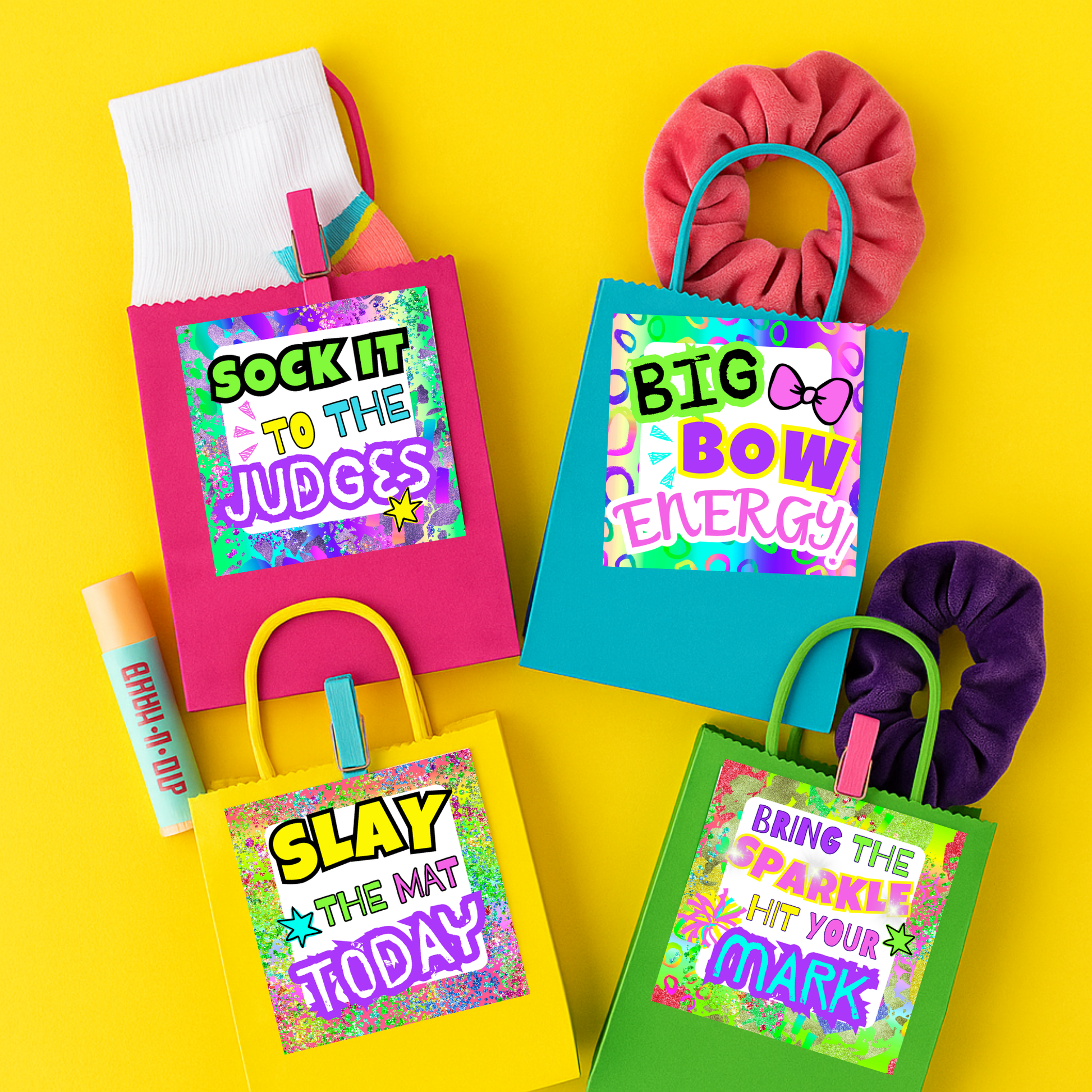 Set of printable cheer gift tags with colorful designs and fun sayings for cheerleaders and cheer squads.