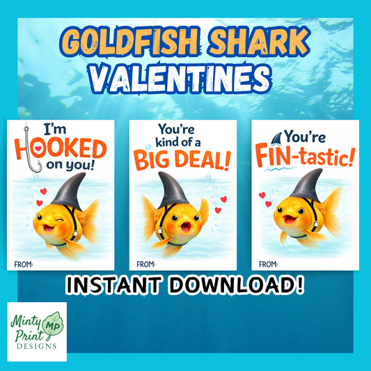 Goldfish shark Valentine card printable with funny fish pun for kids