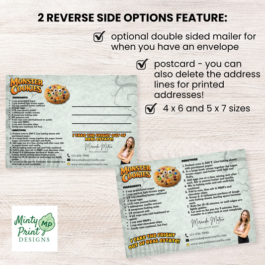 Editable Canva template for Halloween postcard and recipe card with customizable realtor branding