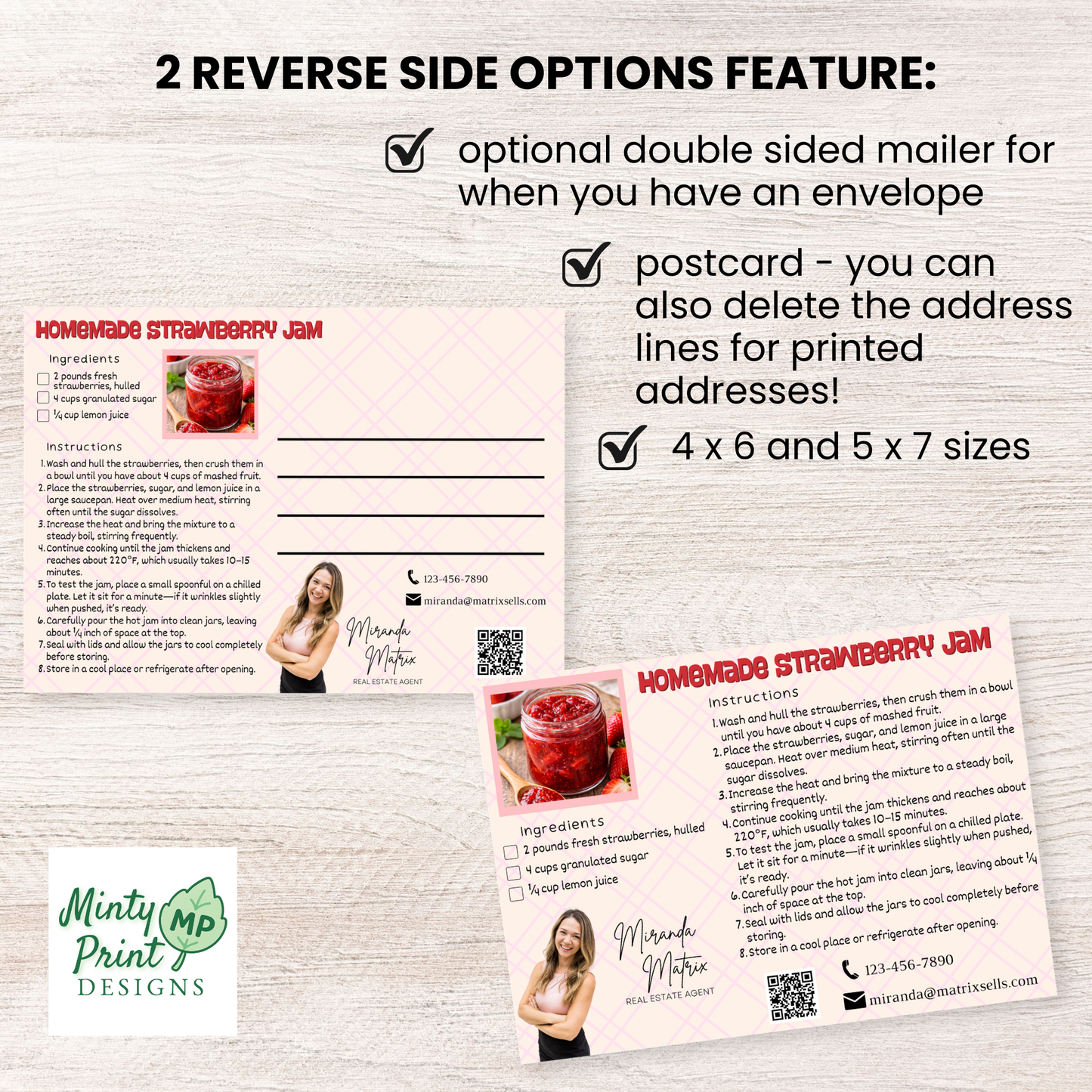 Editable real estate postcard template with strawberry jam recipe and space for handwritten message.
