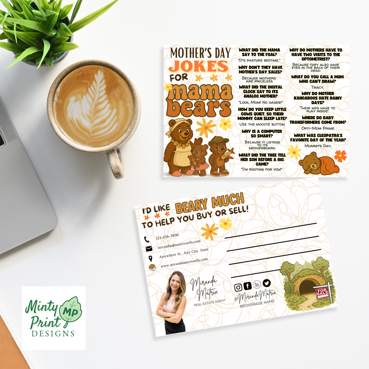 Mother’s Day realtor postcard template featuring retro mama bear design with “Beary Much Love to Help You Buy or Sell” message