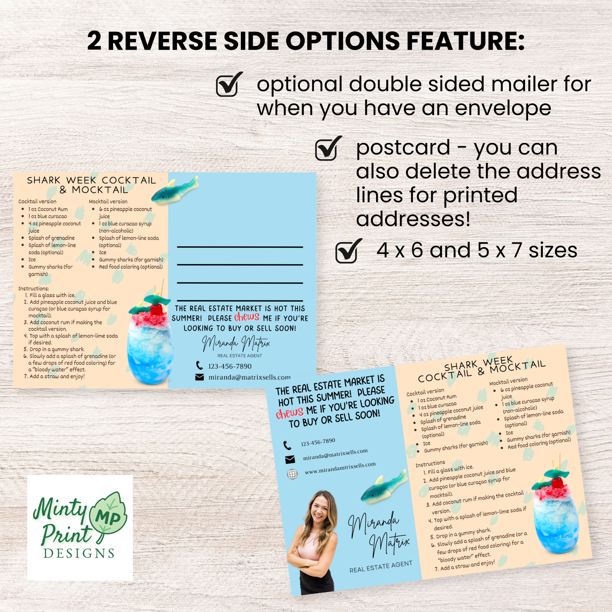 Printable Shark Week realtor postcard with fun drink recipe including gummy sharks and layered blue beverage for real estate marketing