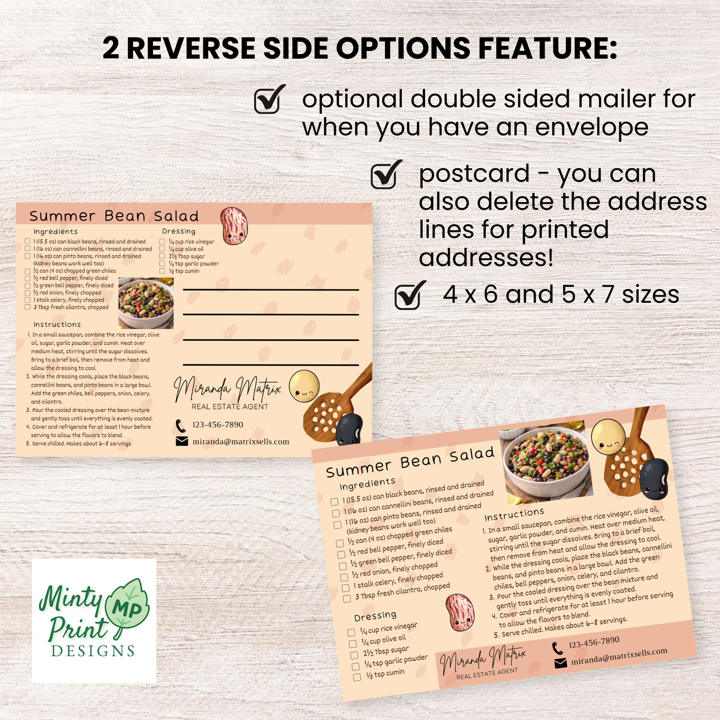 Summer bean salad recipe postcard template for real estate marketing with editable contact information.