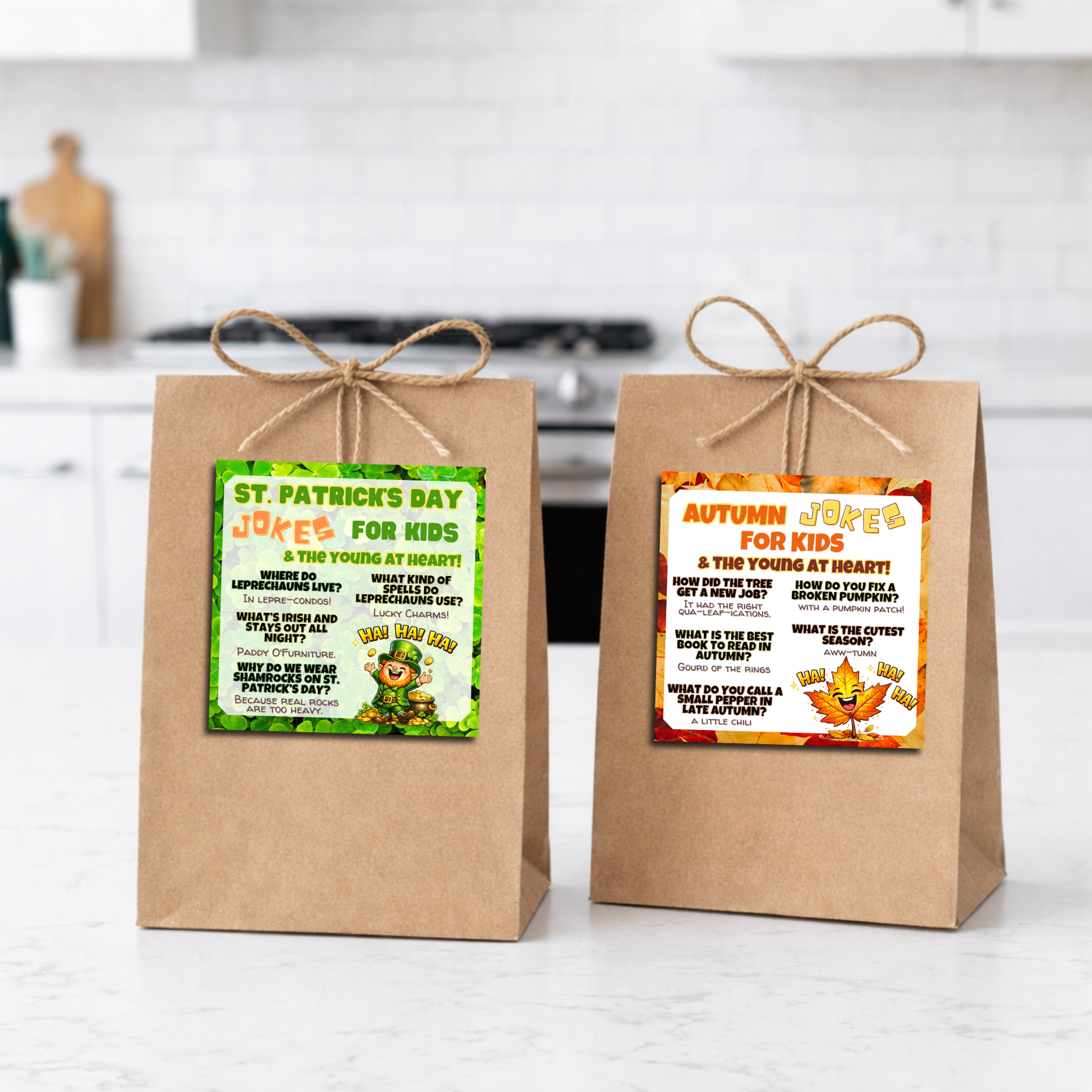 Seasonal pop-by tags attached to kraft gift bags on kitchen counter for client appreciation marketing
