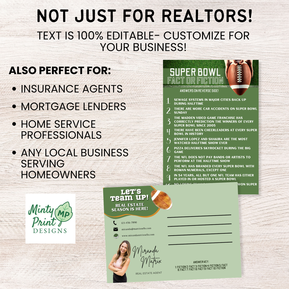 Editable Super Bowl realtor postcard template with agent photo, contact information, football graphic and Fact or Fiction answer key