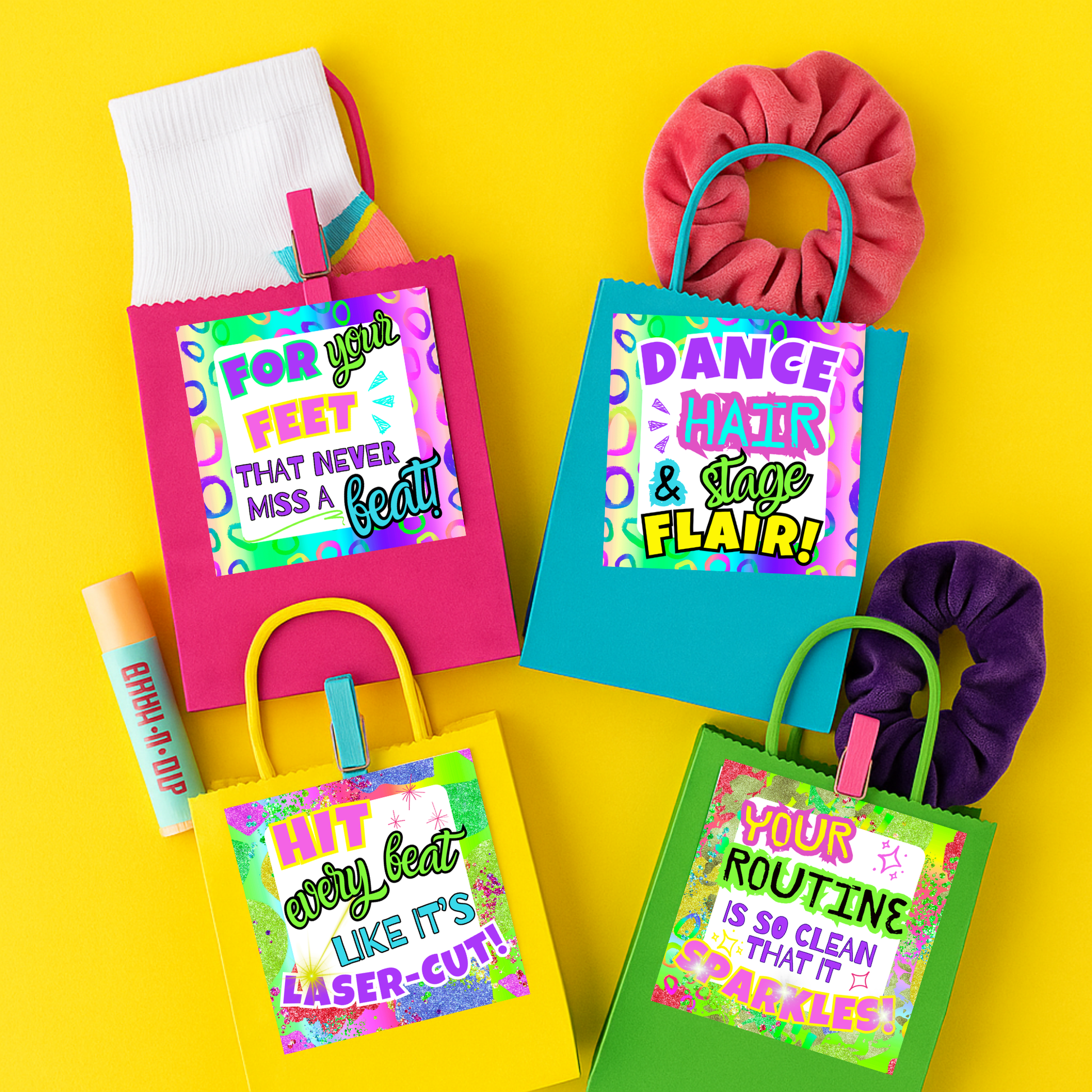 Neon dance squad gift tag printables sized 3x3 for locker treats and good-luck gifts