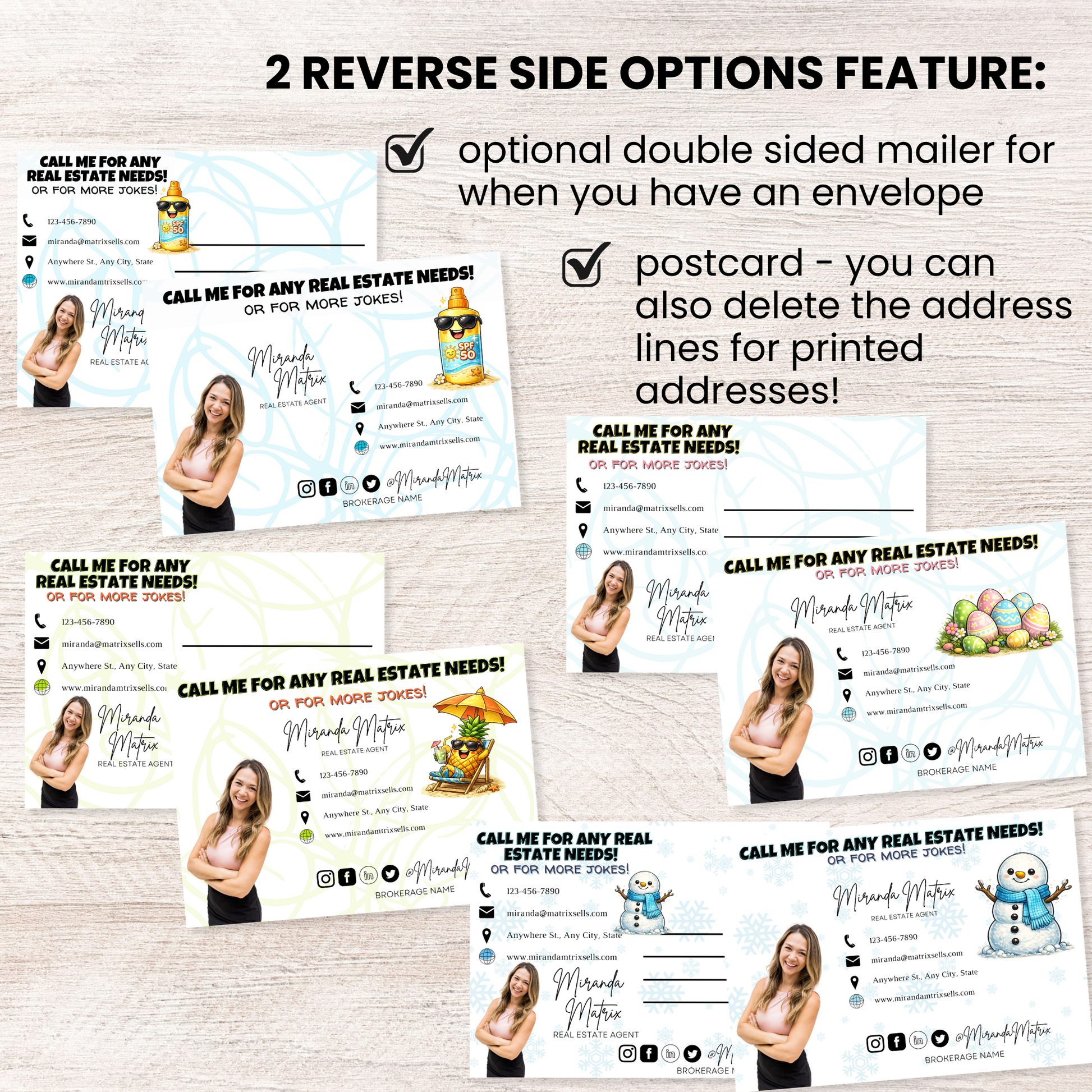 Year round realtor joke postcards with seasonal humor, digital download